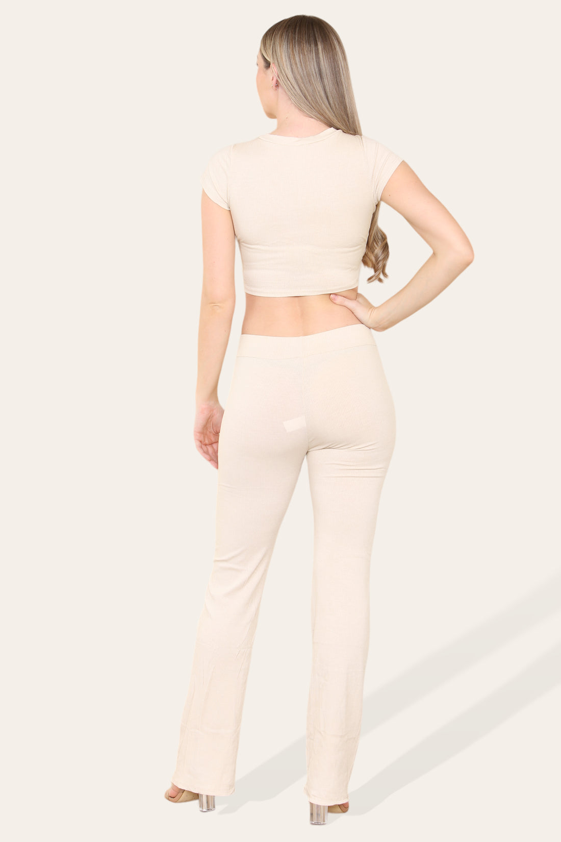 Tie Belt Front Cropped Loungewear Ribbed Trousers Set
