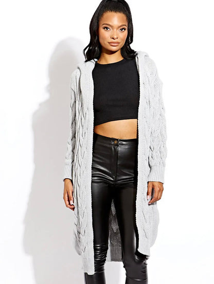 Ladies Cable Knit Hooded Cardigan