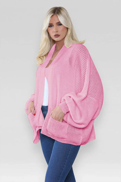 Ladies Oversized Cropped Short Balloon Pocket Chunky Knitted Cardigan