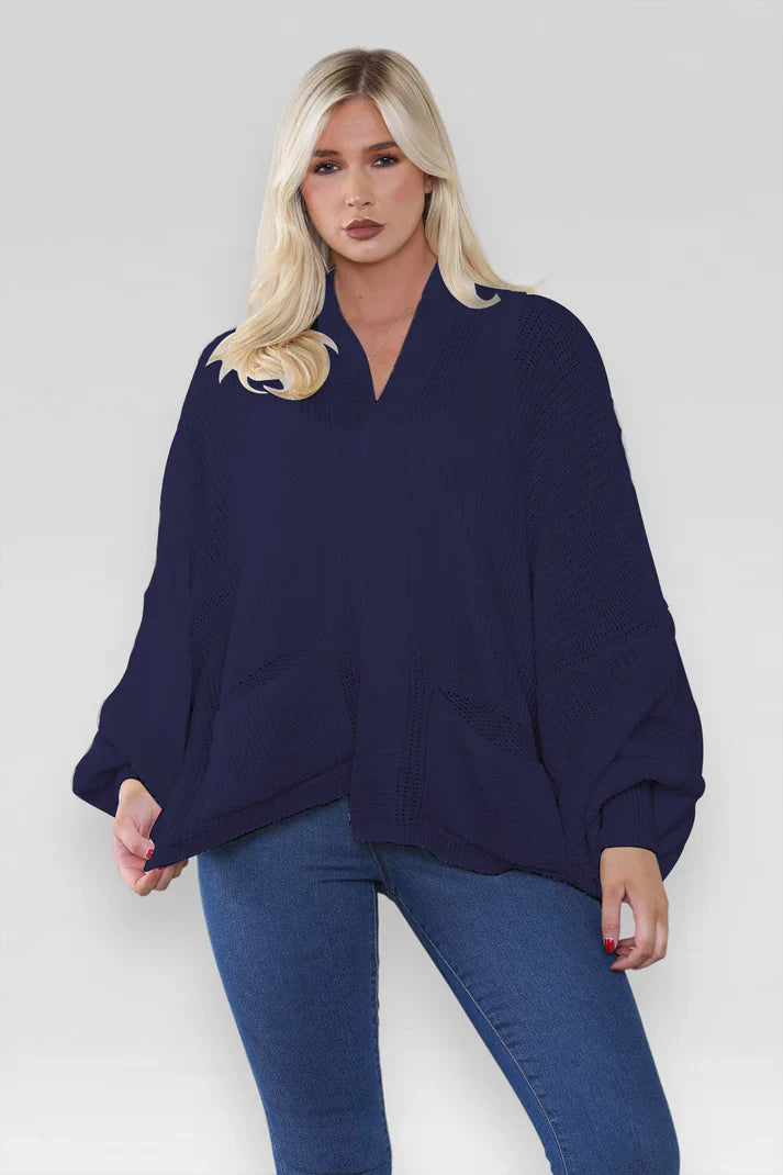 Ladies Oversized Cropped Short Balloon Pocket Chunky Knitted Cardigan