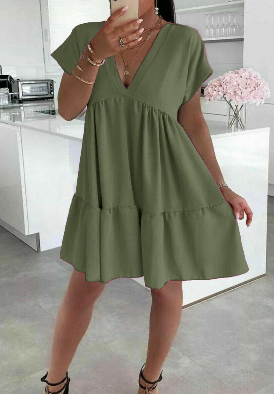 Ladies Italian V Neck Smock Dress