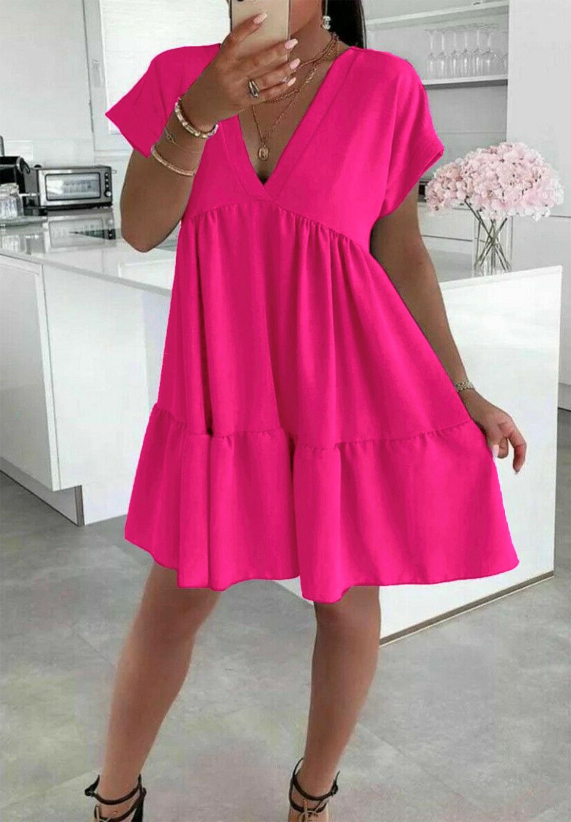 Ladies Italian V Neck Smock Dress