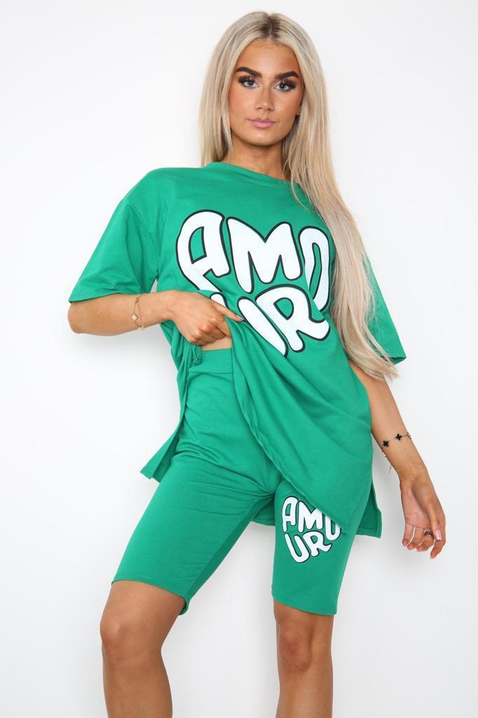 Amour Side Slit Cycling Short and T-Shirts Co-Ord Two Piece Set with Front Amour Slogan