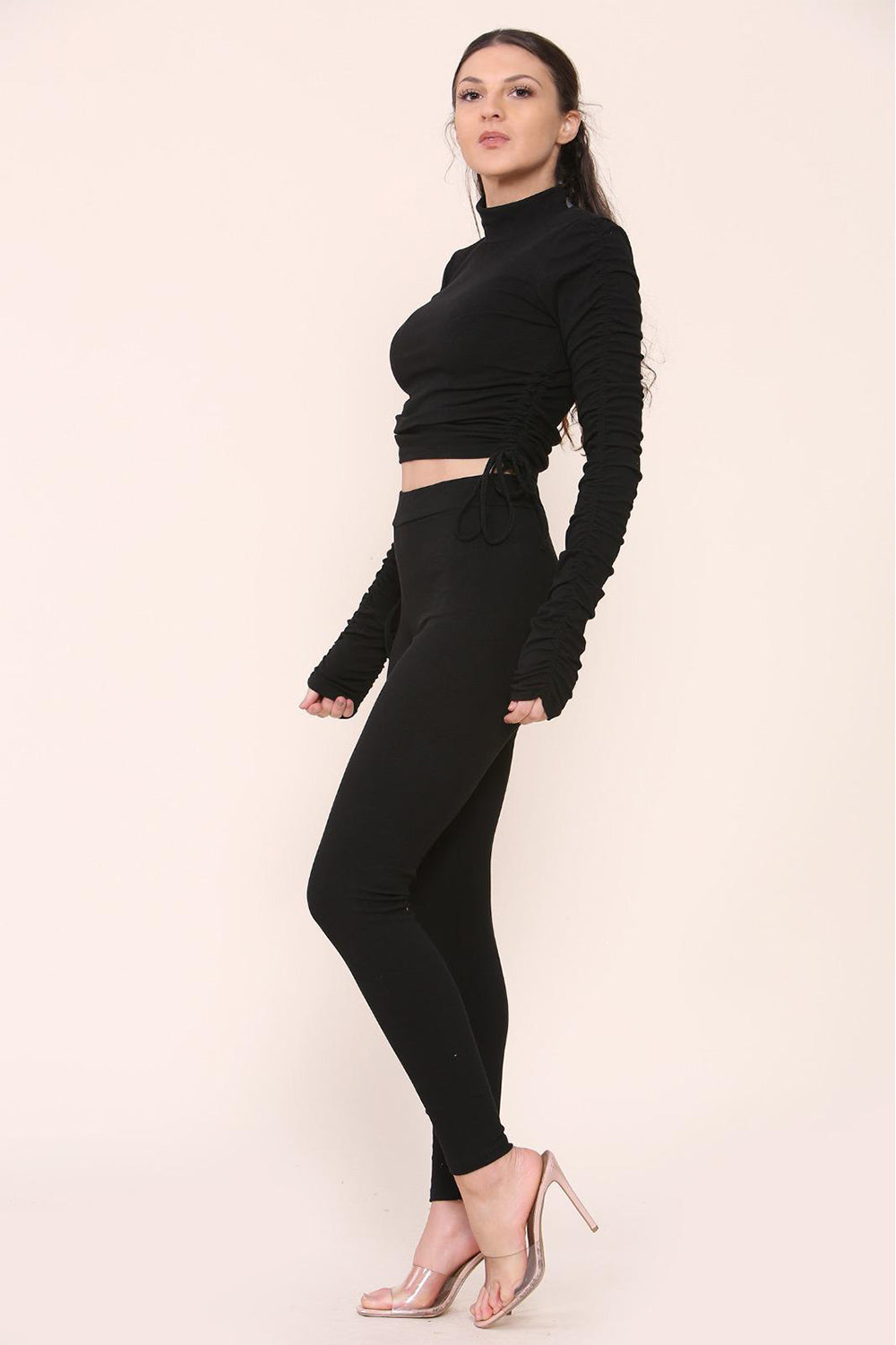 High Neck Ruched Side Arm Solid Drawstrings Ribbed Tee and Leggings set
