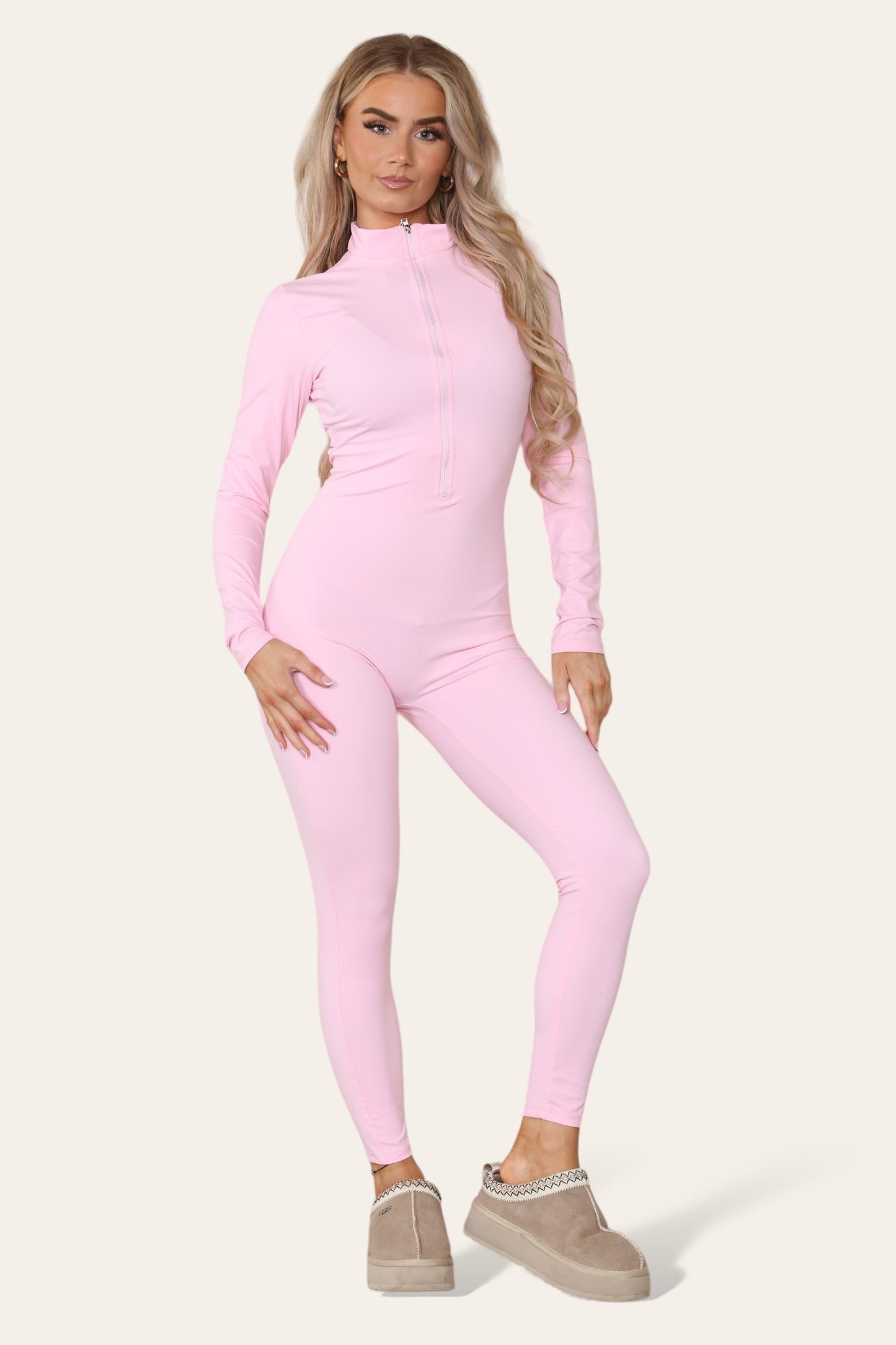 Ribbed High Neck Zipper Collar Jumpsuit Front Unitard Set