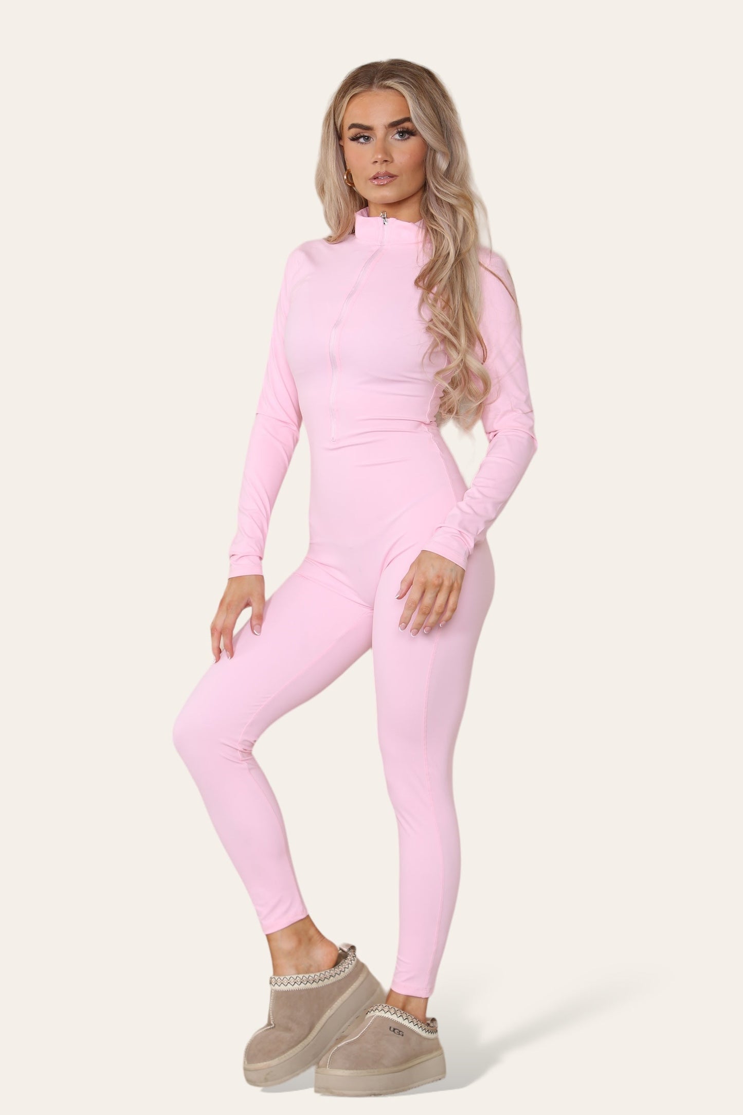 Ribbed High Neck Zipper Collar Jumpsuit Front Unitard Set