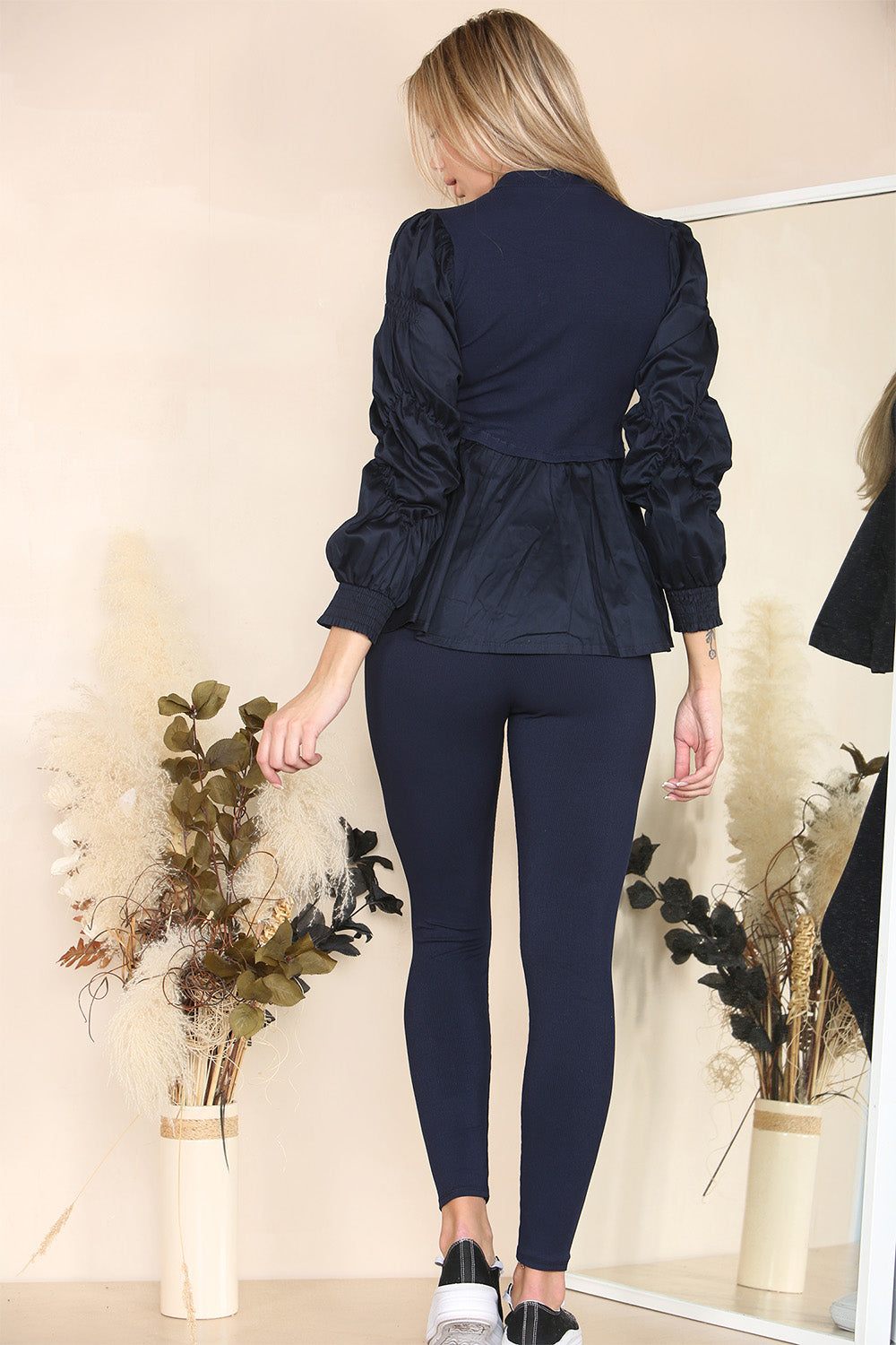 Long Ruched Sleeves Ribbed Peplum Diamond Buttons Frilled Hem Lounge Wear Co-Ord Set