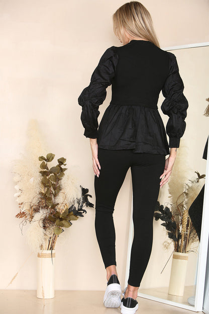 Long Ruched Sleeves Ribbed Peplum Diamond Buttons Frilled Hem Lounge Wear Co-Ord Set