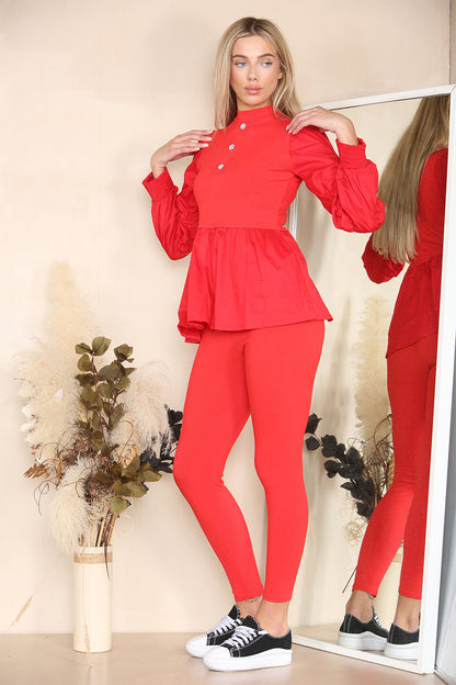 Long Ruched Sleeves Ribbed Peplum Diamond Buttons Frilled Hem Lounge Wear Co-Ord Set
