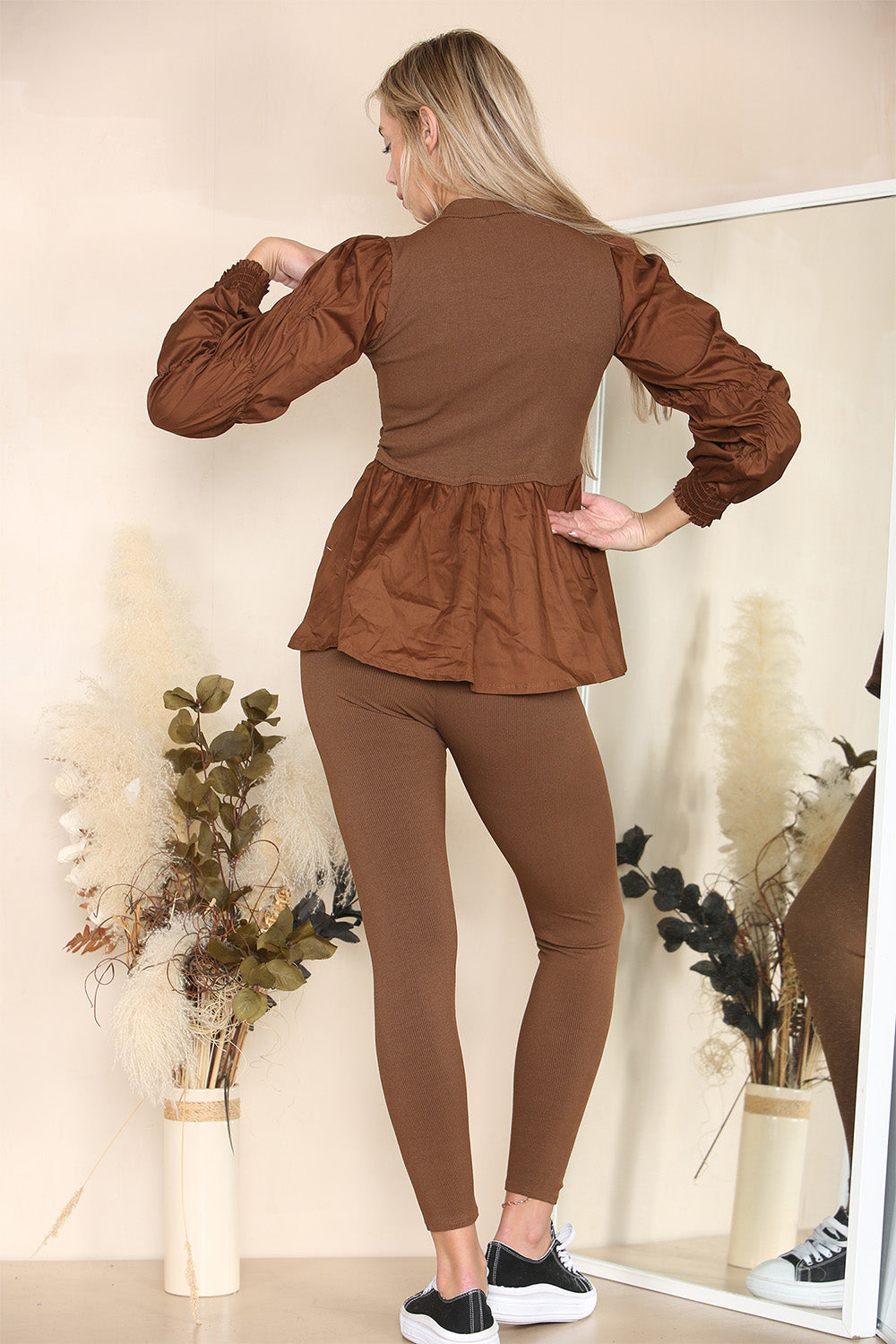 Long Ruched Sleeves Ribbed Peplum Diamond Buttons Frilled Hem Lounge Wear Co-Ord Set