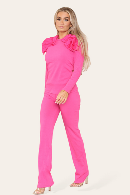 Ruffle Frill Shoulder Ribbed Loungewear Co-Ord Top & Trouser Set