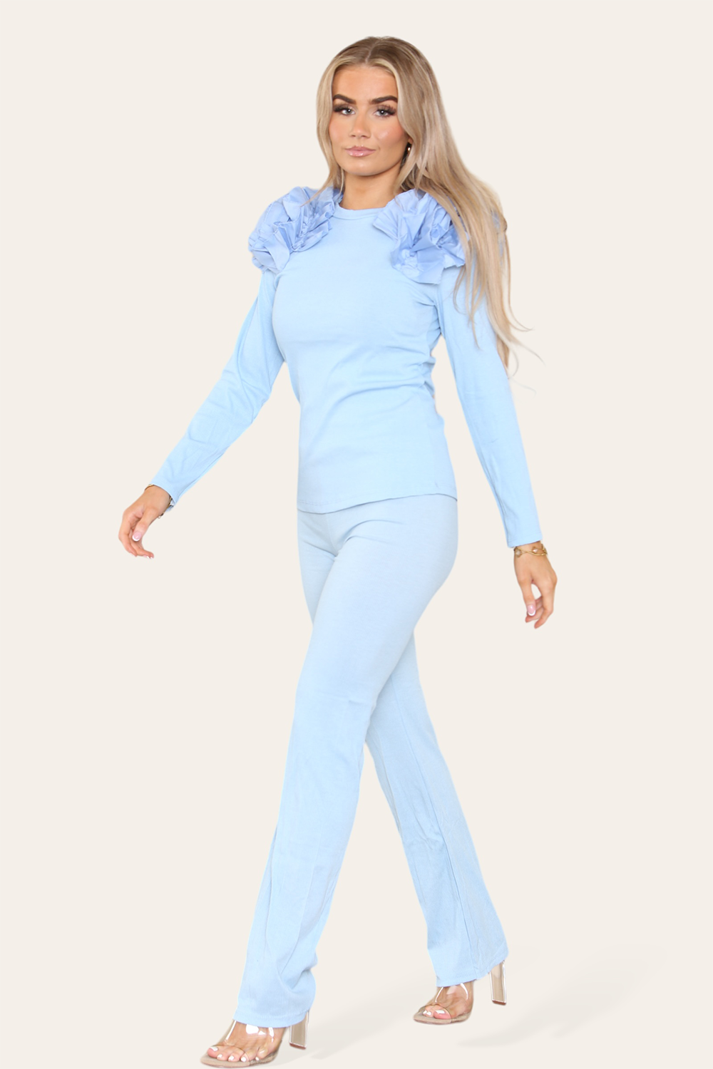 Ruffle Frill Shoulder Ribbed Loungewear Co-Ord Top & Trouser Set