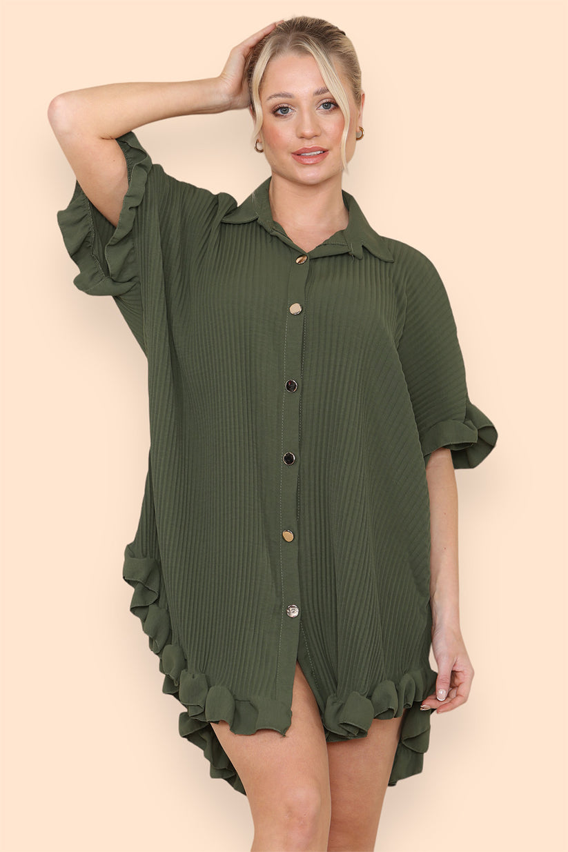 Over Sized Italian Gold Button Pleated Frill Ruffle TikTok Dress Top