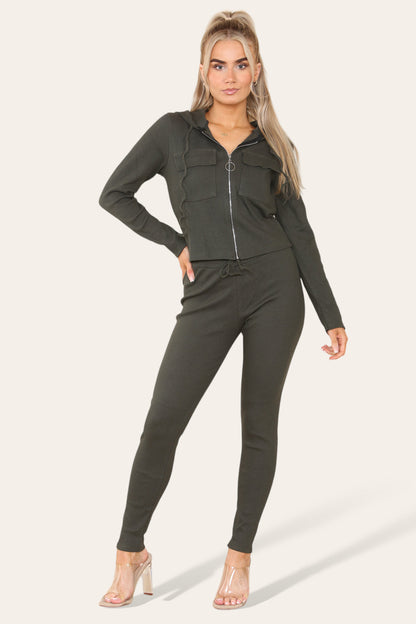 Front Pocket Zip Suit Ribbed Hooded Lounge Wear Set