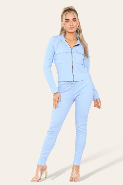 Front Pocket Zip Suit Ribbed Hooded Lounge Wear Set
