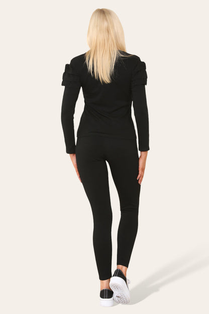 Frilled Sleeves Set Shoulder Golden Button Lounge Wear Suit