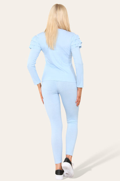 Frilled Sleeves Set Shoulder Golden Button Lounge Wear Suit