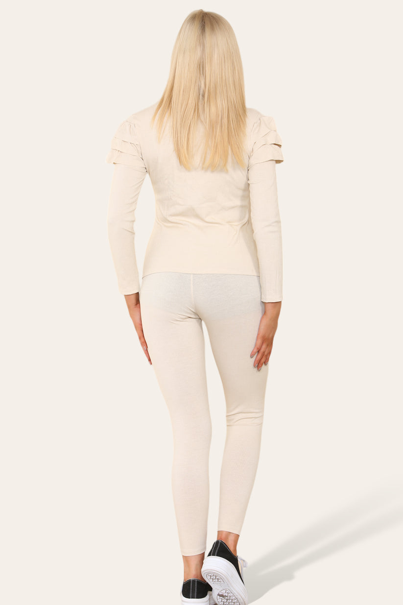 Frilled Sleeves Set Shoulder Golden Button Lounge Wear Suit