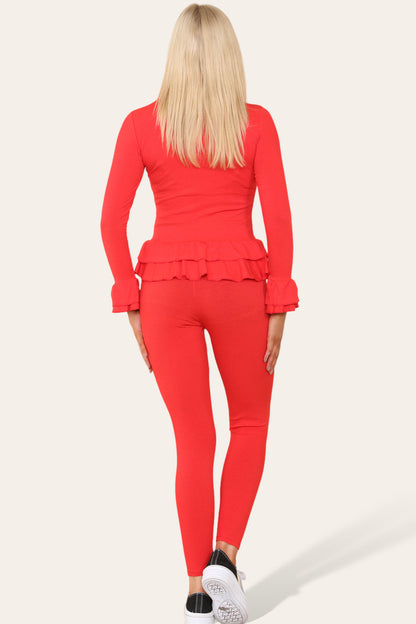 Long Sleeves Peplum Front Buttons Frilled Hem Lounge Wear Set