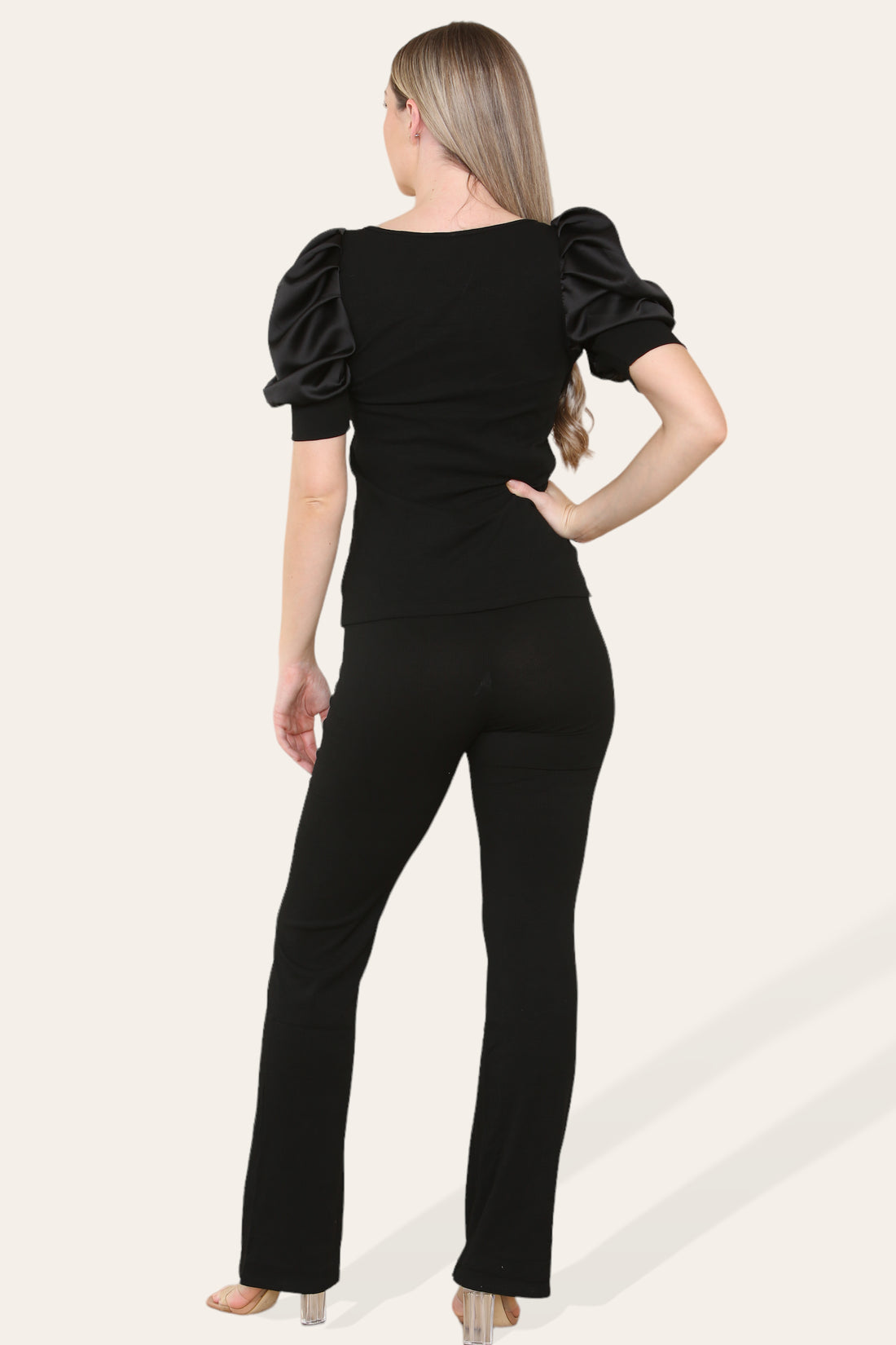 Silky Satin Puff Sleeves Ribbed Lounge Set