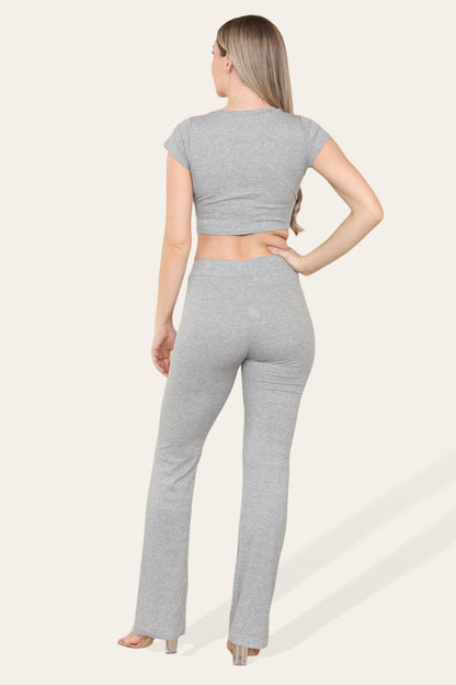 Tie Belt Front Cropped Loungewear Ribbed Trousers Set
