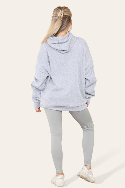 Oversized Ruched Sleeves Hoodie With Satin Ribbon with High Waist High Rise Seamless Ribbed Legging Set