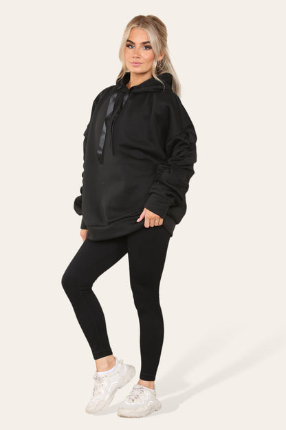 Oversized Ruched Sleeves Hoodie With Satin Ribbon with High Waist High Rise Seamless Ribbed Legging Set