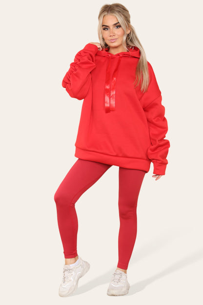 Oversized Ruched Sleeves Hoodie With Satin Ribbon with High Waist High Rise Seamless Ribbed Legging Set
