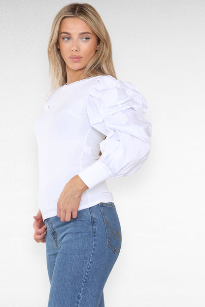 Oversized Puff Sleeves Ribbed Top