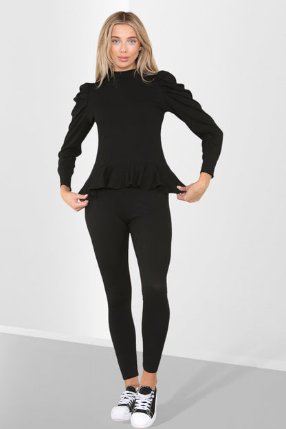 Puff Sleeves Set Frill Hem Peplum Ribbed Lounge Wear Suit