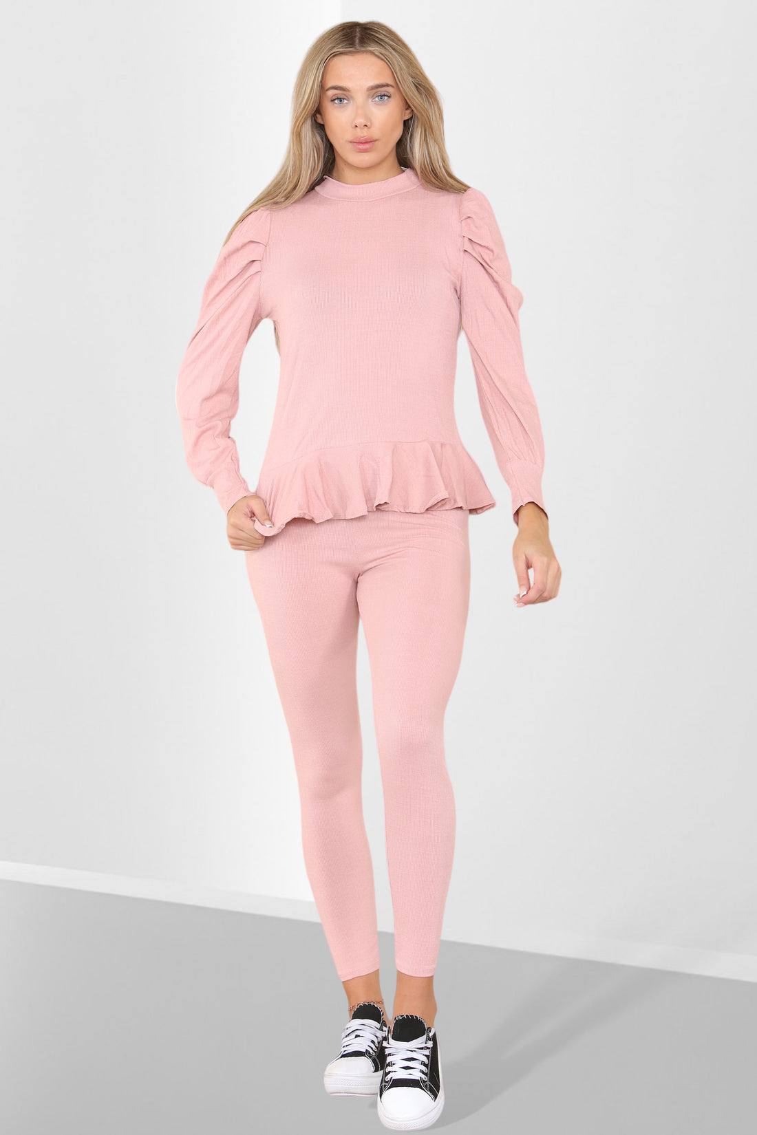 Puff Sleeves Set Frill Hem Peplum Ribbed Lounge Wear Suit