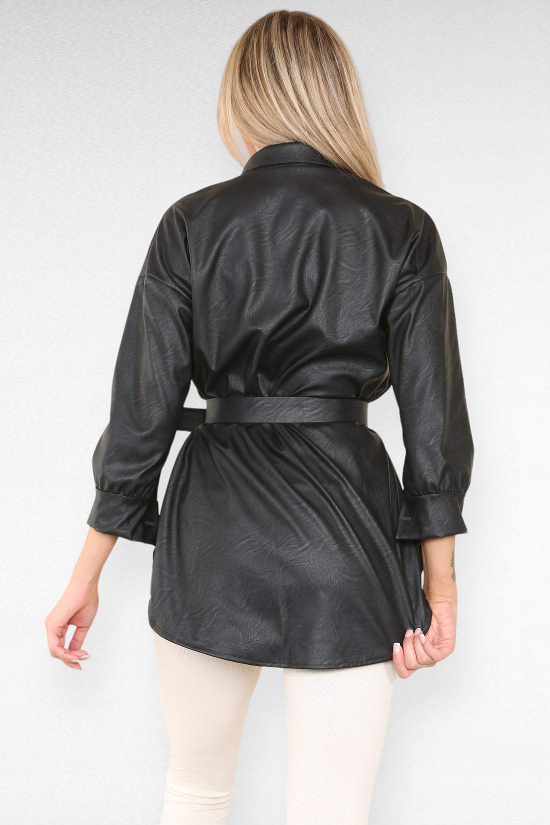 PU Faux Leather Belted Wet Look Shirt Dress