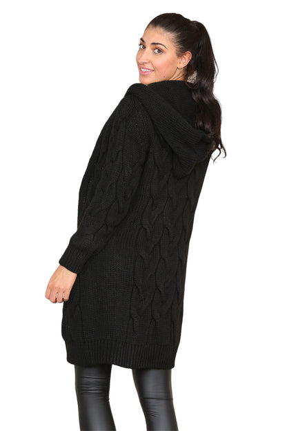 Knitted Cables Hooded Long Over Sized Cardigan