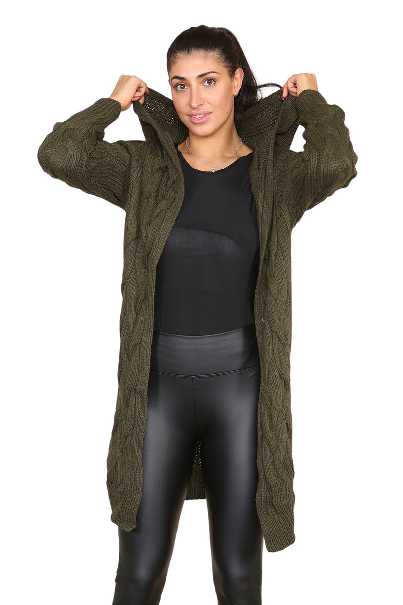 Knitted Cables Hooded Long Over Sized Cardigan