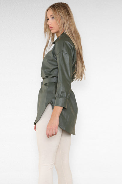 PU Faux Leather Belted Wet Look Shirt Dress