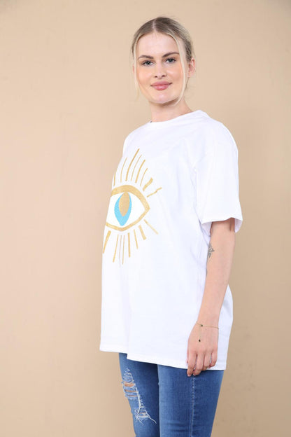 Ladies Oversized Sequin Eye Printed Short Sleeves T Shirt Top