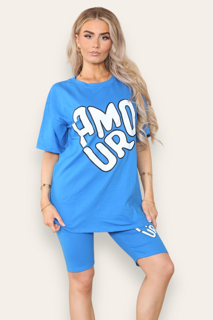 Cycling Short and T-Shirts Co-Ord Two Piece Side Slit Set with Front Printed Slogan