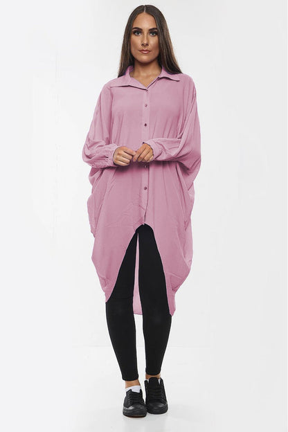 High-Low Oversized Button Long Top Shirt Dress with Hem and Long Sleeves