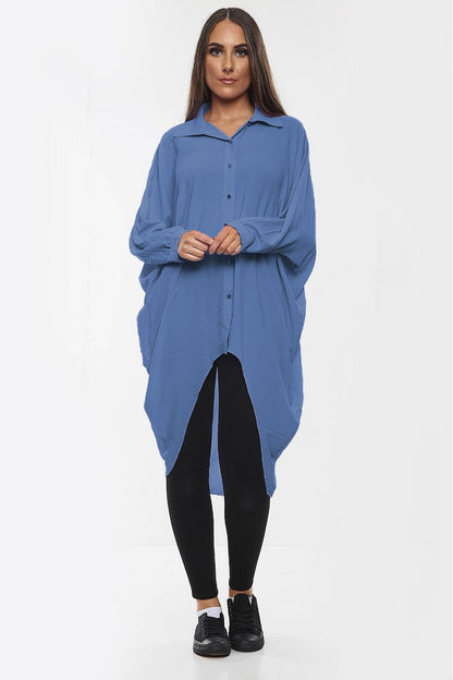 High-Low Oversized Button Long Top Shirt Dress with Hem and Long Sleeves