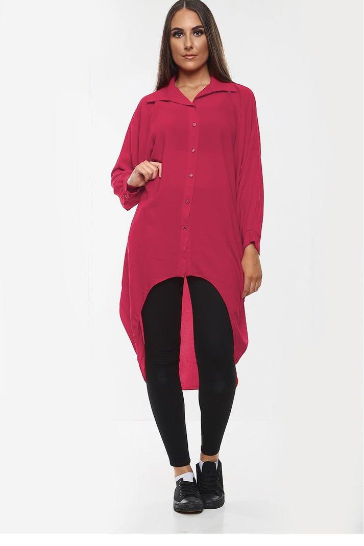 High-Low Oversized Button Long Top Shirt Dress with Hem and Long Sleeves