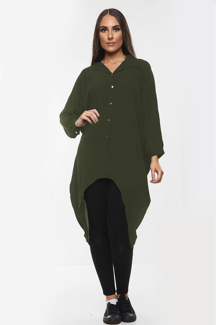 High-Low Oversized Button Long Top Shirt Dress with Hem and Long Sleeves