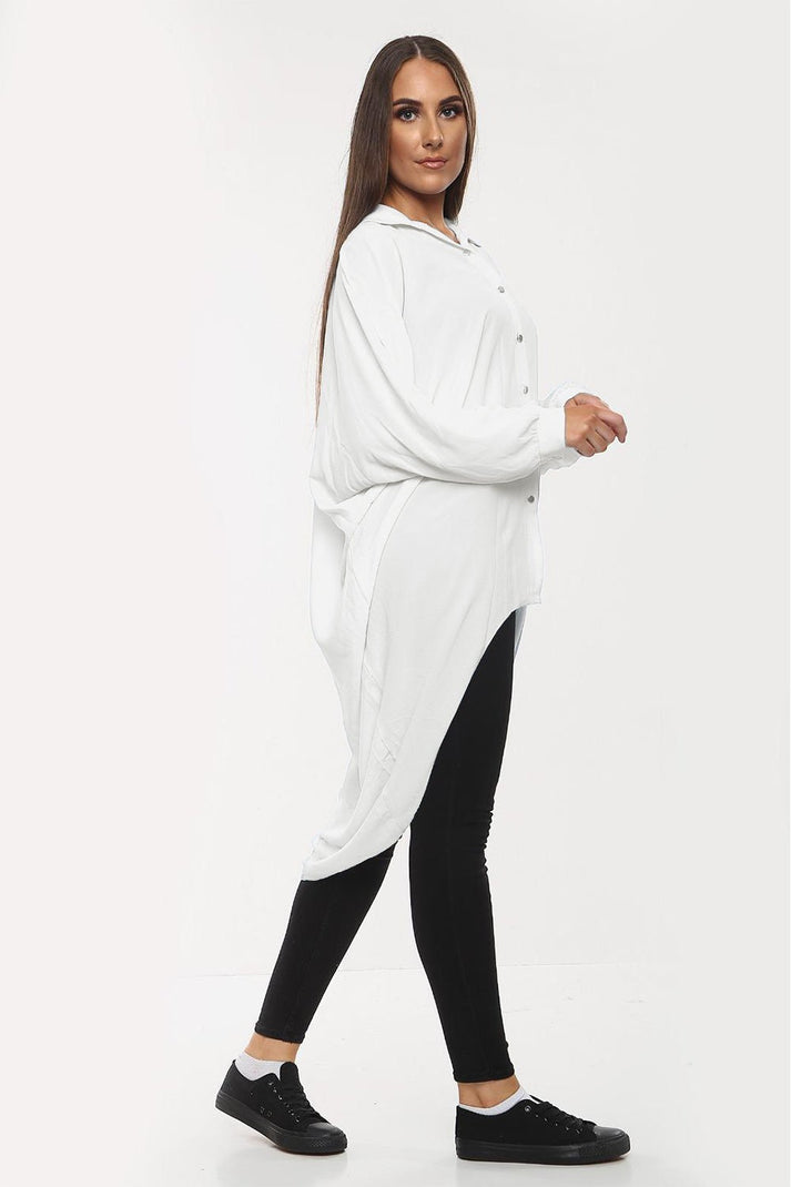 High-Low Oversized Button Long Top Shirt Dress with Hem and Long Sleeves