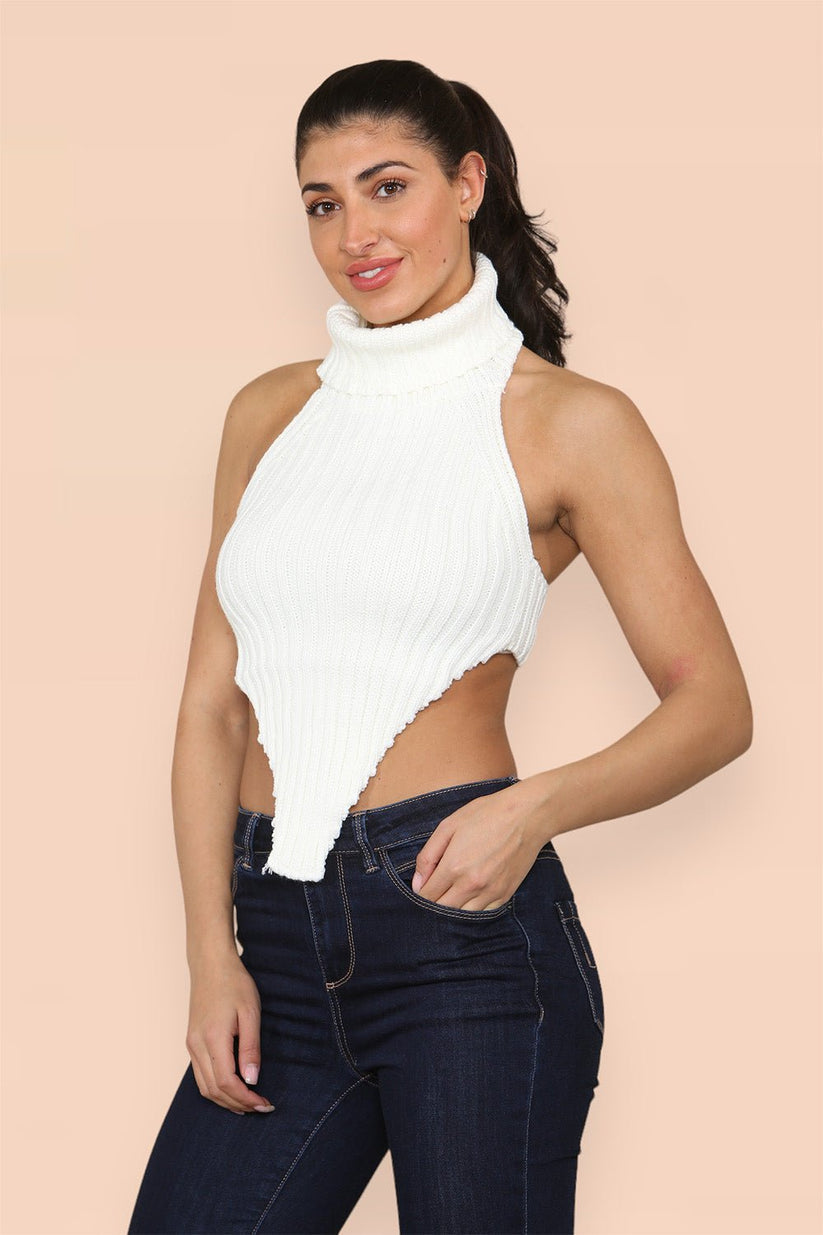 High Neck Roll Knitted Backless Front Cropped Top