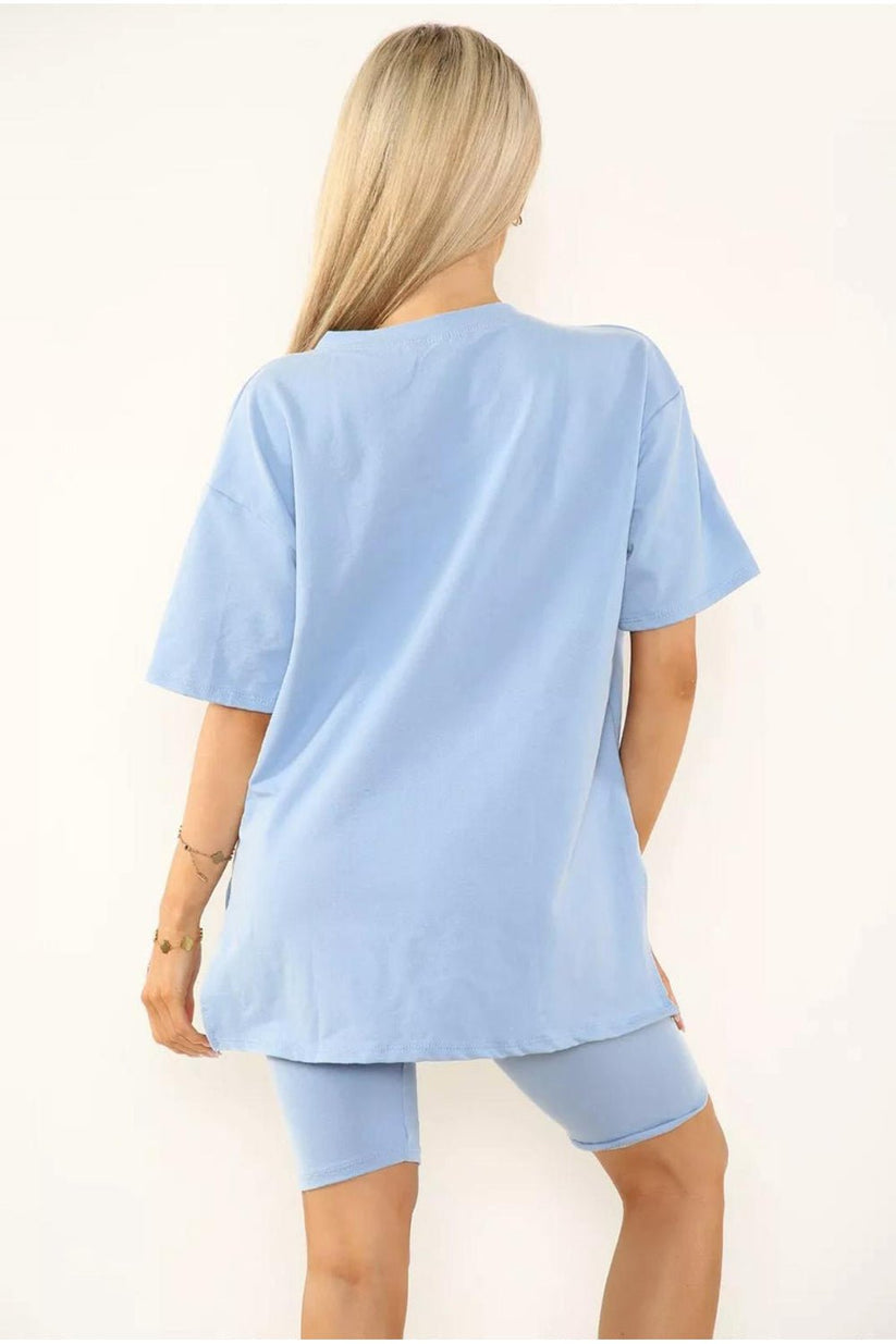 Cycling Short and T-Shirts Co-Ord Two Piece Side Slit Set with Front Printed Slogan