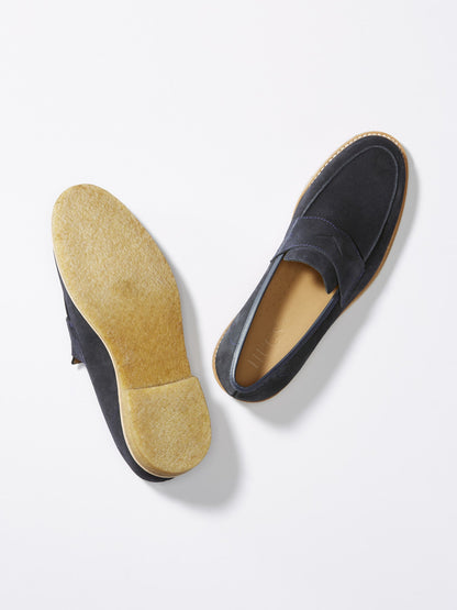 Blue Suede Loafers, Crepe Rubber Welted Sole