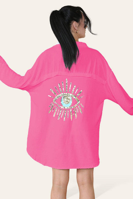 Oversized Long Sleeve Gold Sequin Eye Button Up Shirt