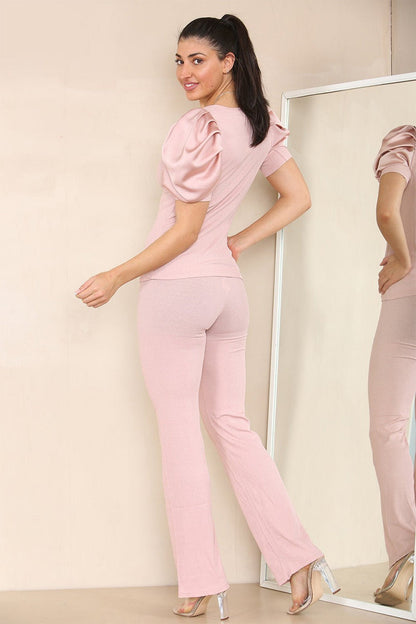 Silky Satin Puff Sleeves Ribbed Lounge Set