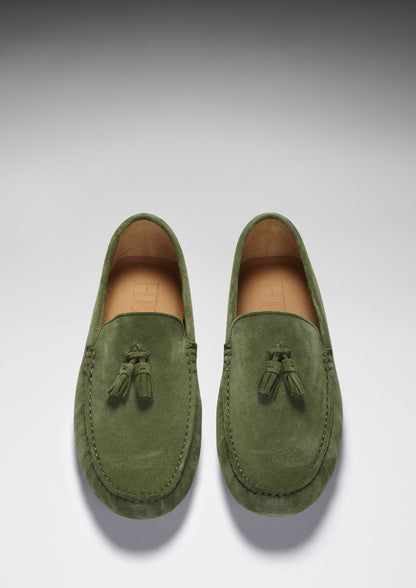 Tasselled Driving Loafers, safari green suede