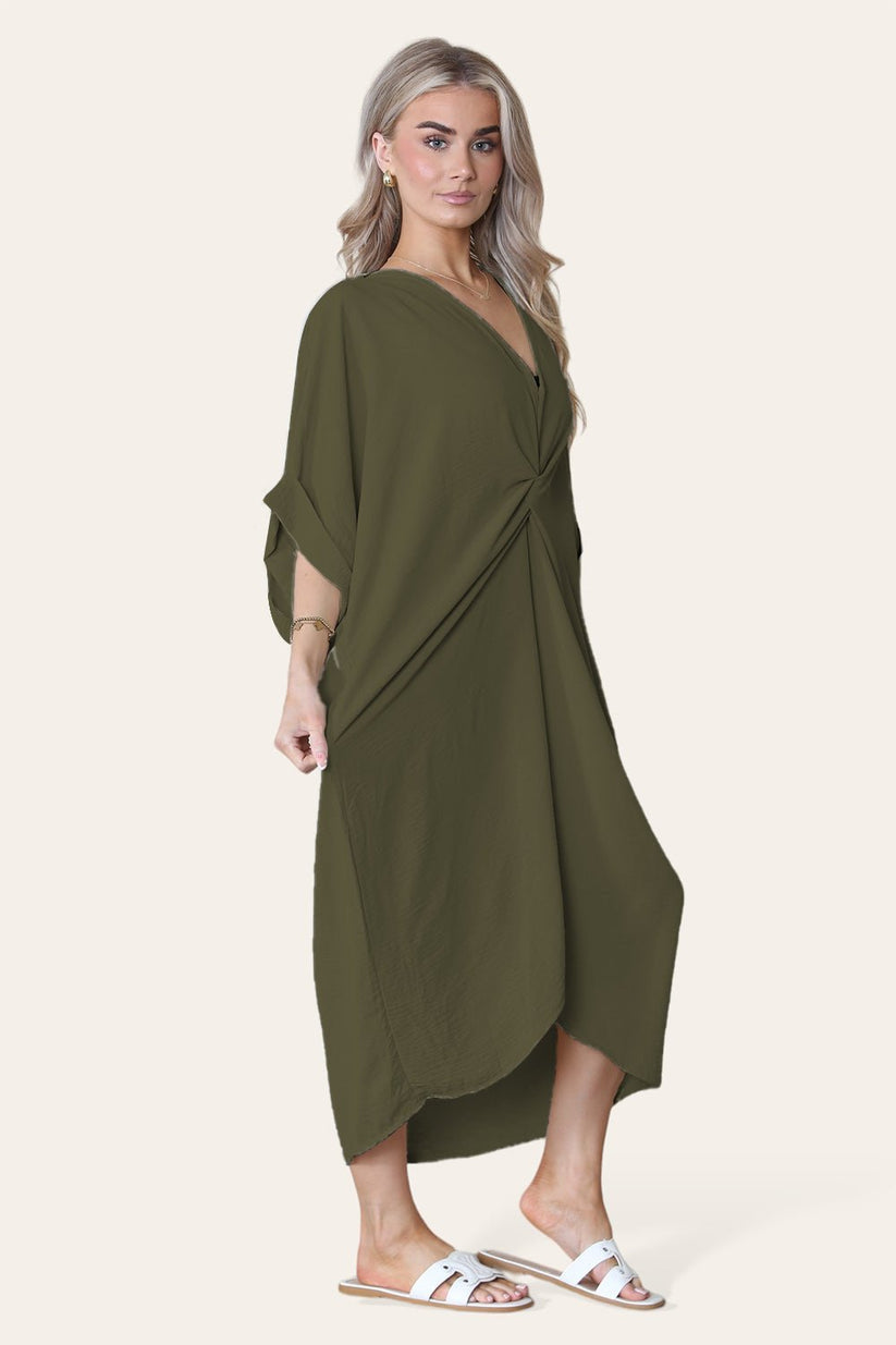 Womens V-Neck Tie Knotted Twisted Front Oversized Longline Midi Dress