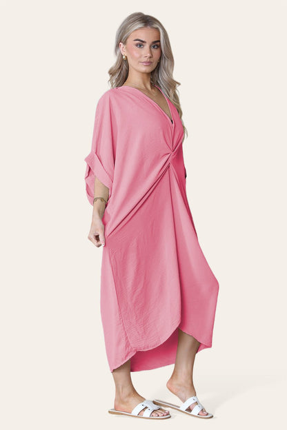 Womens V-Neck Tie Knotted Twisted Front Oversized Longline Midi Dress